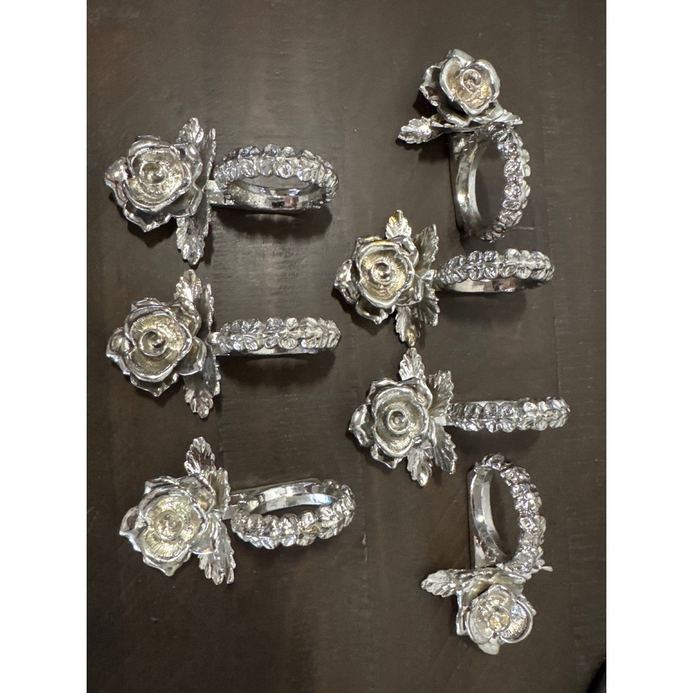Princess House Silver Rose Napkin Rings Set 7 Floral Metal Table Decor Vintage